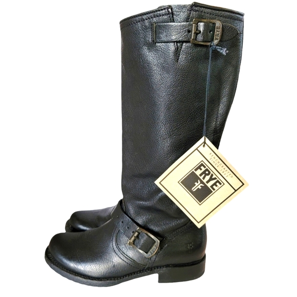 Frye Shoes - Frye Veronica Slouch Extended Calf Black Leather Moto Boots 5.5